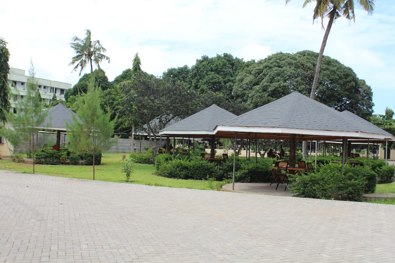 A morning view of the garden at Hotel Comster Mtwapa